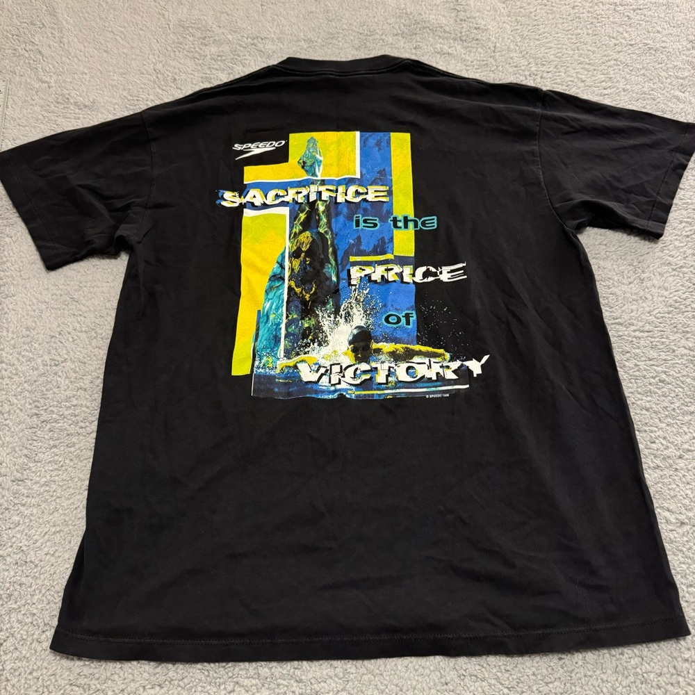 Speedo Vintage Black Menโs T Shirt 90sโ Single Stitch 1998 Double Sided USA Xl